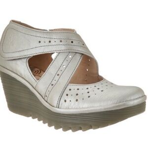 Fly London Yepe Cross Over Strap Mary Jane Metallic Gold Champagne Wedge Shoes